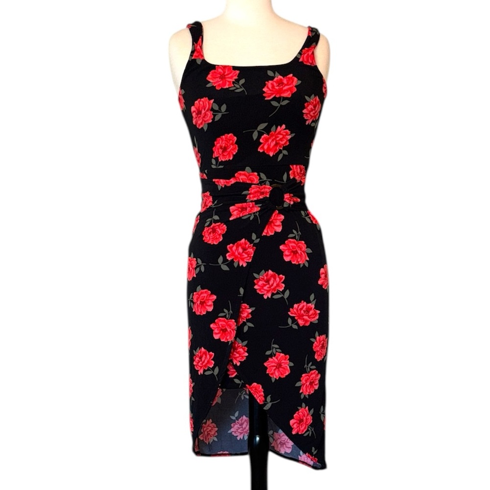 NO BOUNDARIES Chic Black Midi Dress with Red Floral Design size small 3-5